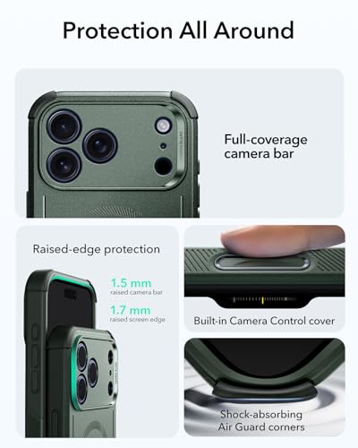 Image of ESR for iPhone 17 Pro Max Phone Case, 23ft Military-Grade Drop Protection, Shock-Absorbing Rugged Cover, MagSafe Accessories Compatible, Cyber Series, Olive Green