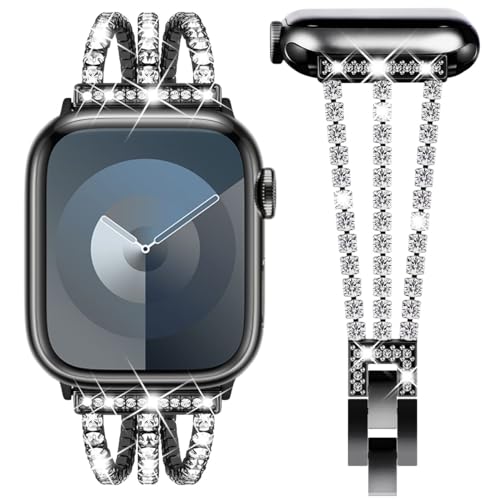 Fullife Compatible with Apple Watch Strap 46mm 45mm 44mm 42mm(Series 3 2 1),Women Sparkling Crystal Bling Bracelet Straps Replacement Band for iWatch SE Series 11/10/9/8/7/6/5/4/3/2/1,Bling Black