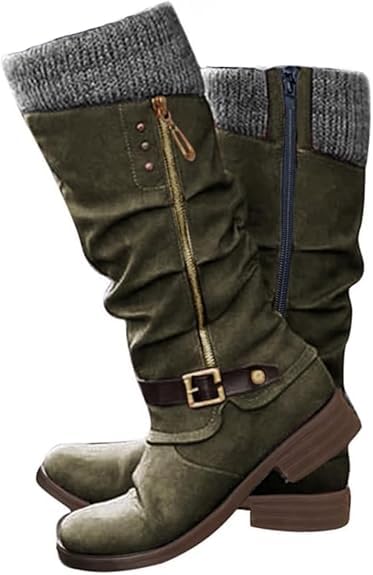 Knee High Boots for Women Mid Calf Sweater Knitted Ruched Cuff Snow Boots with Buckle Accent Zipper Winter