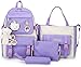 4-teiliges Rucksack-Set für Schulbücher mit Kawaii-Teddybär-Anhänger, Leinen-Kombination, für Mädchen, Teenager, Crossbody, Kinder-Federmäppchen, violett, Large