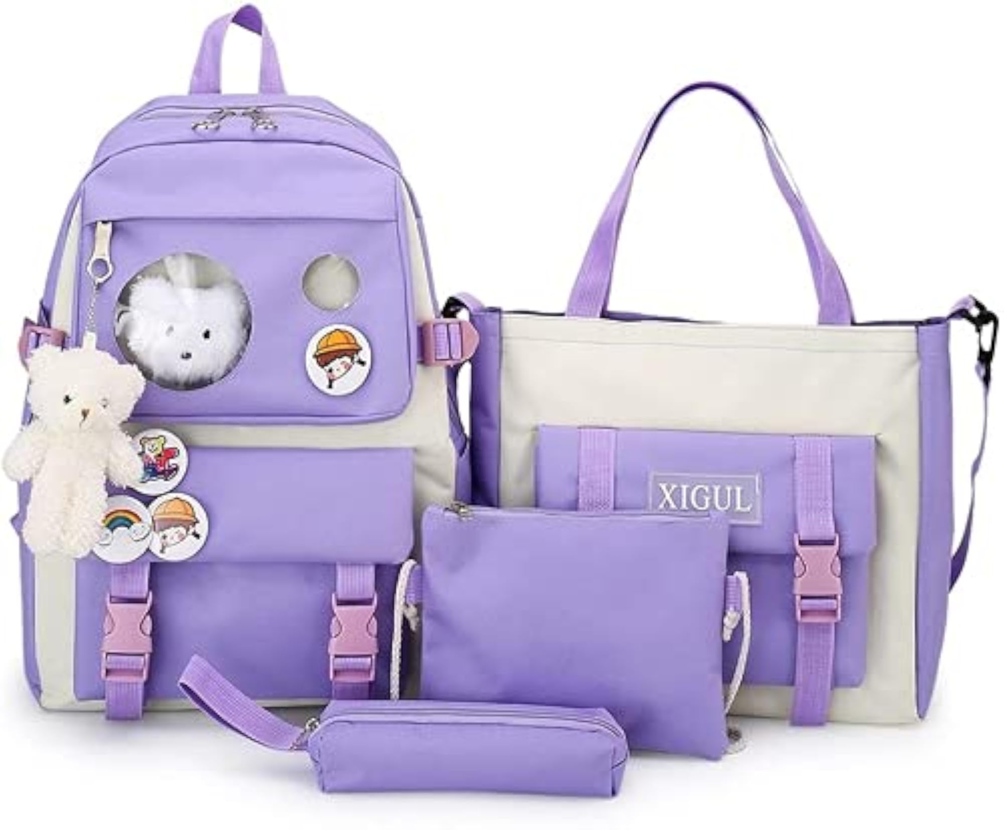 4pcs Cute Backpack Set with Pins Bear Pendant