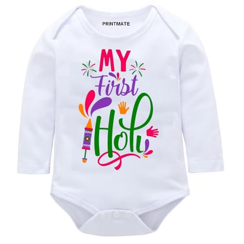 Image of Printmate Cotton My First Holi Dress White Full Sleeve Romper | Bodysuit For Baby And Toddlers -D100