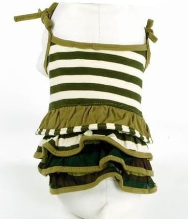 New Olive Green Striped Camisole Dress, Cat & Dog Casual Outfit, Polo Shirt Skirt Dress, Military Green Uniform Dress - For the Best Fashion Pet Pal (L: Back 13")
