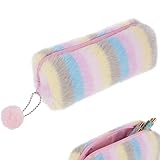 Biiange Pencil Pouch Fluffy, Plush Pencil Case Rainbow, Stripe Cartoon Zipper Organizer, Soft Pen Case, Colored Storage Bags, Makeup Pouch, for Daily Work(1Pcs)