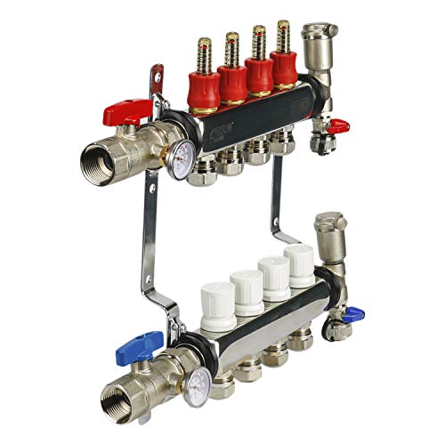 Image of Midline Valve NQT104 PEX Manifold 1 /2 in. for Radiant Heating System; with Valves, Vents, Gauges, and Mounting Brackets; Stainless Steel; 4 Port