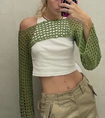 Aimiray Camiseta corta de ganchillo de malla sexy para mujer, con huecos, para playa, transparente, de manga larga, Y2K, Verde, L