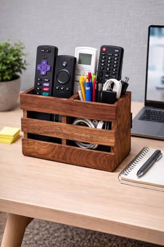 Image of Craftize Mstore Remote Controller Holder, Wooden, Brown, 16.5 x 12.7 cm, Rectangular Caddy with Multi-compartment Design