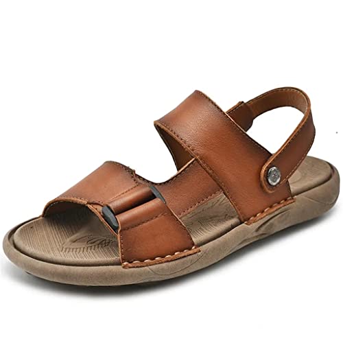 Sandals Men ' s Cowhide Casual Beach Shoes Genuine Leather Thick Sole Anti Slip Male Toe Shoes Black Brown(41)