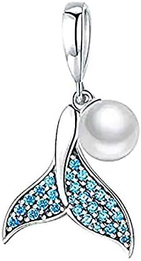 Blue Mermaid Tail & Shell Pearl Charm 925 Sterling Silver Ocean Charm Beads for Bracelet & Necklace (Blue)