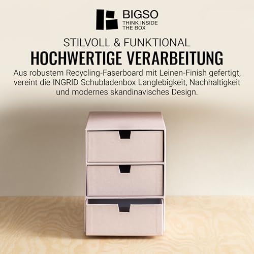 BIGSO INGRID Schubladenbox für Dokumente und Bürobedarf – Schreibtisch Organizer mit 3 Schubladen – Ablagesystem aus 100% recycelter Faserplatte und Papier in Leinenoptik – rosa