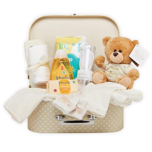 Cesta de Bebé Recién Nacido Estilo Maletín – Caja de Recuerdos de Bebé Crema con Osito, Muselina, Ropa y Otras Cosas de Bebé Esenciales - Cesta de Bebé para Baby Shower
