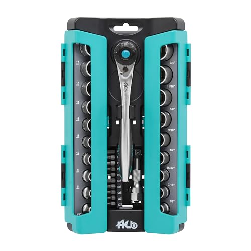 HB 32-Piece Socket Set AKX009-U, 120-Tooth 3/8-Inch Drive Teardrop Offset Ratchet, Metric Sockets Chrome Vanadium Steel, Micro Chrome Finish, Portable Rack, Professional Tool Kit, Made in Taiwan