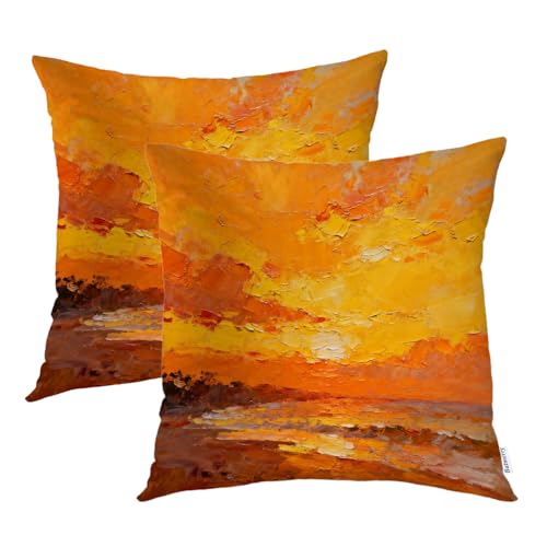 Batmerry Orange Art Painting Throw Pillow Covers, Abstract Color Decorative Pillow Covers Digital Printing Blended Fabric for Couch Sofa Bed Invisible Zipper 16X16 in(Set of 2)