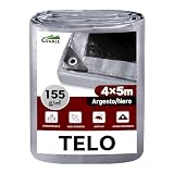 COVALL Telone Impermeabile Esterno 4x5m 155 gr/mq, HDPE Rinforzato Occhiellato Anti-UV – Telo Copritutto Antipioggia Antivento per Piscina Auto Giardino Campeggio, Argento Nero