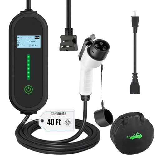 40Ft Cord EV Charger, 16Amp 110V/240V Portable Level 1 Level 2 Electric Vehicle Charging Station with NEMA 6-20 Plug & NEMA 5-15 Adapter for J1772 Electric Cars