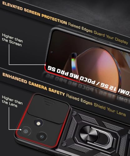 Image of WOW IMAGINE Tough Armor Bumper Mobile Back Case for Mi Redmi 12 5G | Poco M6 Pro 5G | Sliding Camera Shield Cover | Shock Proof 360 Protection | Hybrid PC + TPU | Ring Holder with Kickstand - Black