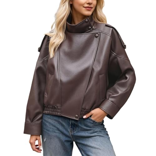 Zanisouta Chaqueta de piel para mujer, chaqueta de entretiempo ligera, retro, chaqueta bomber, cuello alto, abrigo corto, chaqueta de piel sintética, chaqueta motero, para otoño e invierno, manga