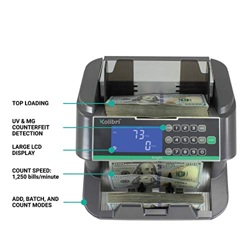 Kolibri Knight Business-Grade Money Bill Counting Machine with Ultraviolet, Magnetic and Infrared Counterfeit Detection, Top Loading Cash Counter with Large LCD Screen, 1-Year Warranty