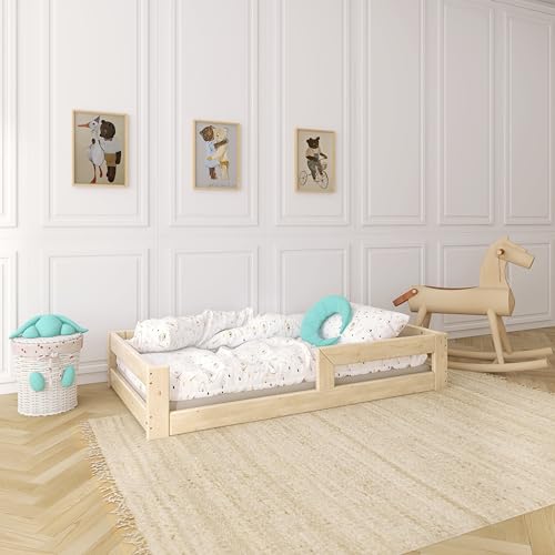 Need Sleep Montessori Bett Kinder Bodenbett 70x140 cm mit Rausfallschutz Lattenrost Kinderbett am Boden Niedrig Kids Floor Bed Bodentief aus Holz Mädchen Junge