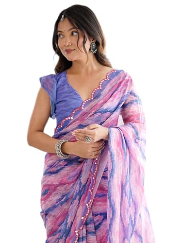 Image of Satrani Women's Georgette Printed & Mirror Work Saree with Unstitched Blouse Piece