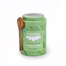JusTea COCONUT GREEN | Loose Leaf Herbal Tea | Tin with Hand Carved Tea Spoon | 40+ Cups 3.5oz | Caffeine Free | Award-Winning | Fair Trade | Non-GMO