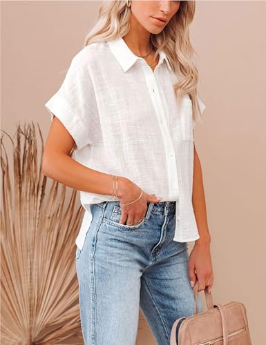 Womens Summer Cotton Linen Short Sleeve Button Down Shirt Collared V-Neck Loose Fit Blouse Beach Office Tops3