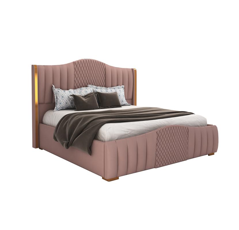 Image of MAMTA DECORATION Solid Wood King Size Bed for Bedroom with Box Storage | Premium Velvet Upholstery Double Bed with Tufted Headboard | Modern Palang Cot Bed for Home, Hotels & Guest Room | Onion Pink