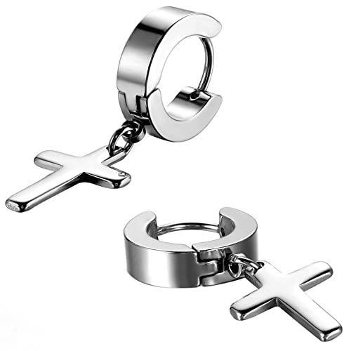 Cupimatch Kolczyki w kształcie krzyża zestaw damskich kolczyków ze stali chirurgicznej nierdzewnej do piercingu uszu dla mężczyzn i dziewczynek, biżuteria do uszu, srebrna