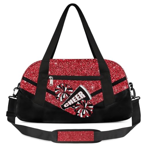 Cheerleading Kids Overnight Duffel Bags for Girls Red Glitter Sport Gym Bag Duffel Bag for Travel Weekender Practice Gymnastics Ballet School Gym Sleepover Bag