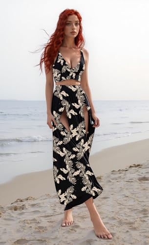 Image of Women Sexy 2 Piece Outfits Dress Chiffon Strap Deep V Neck Bra Crop Top High Split Maxi Dresses Skirt Set