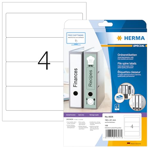 HERMA Self Adhesive Spine Labels, 4 Labels per A4 Sheet, 25 Sheets, 192 x 61 mm, 100 Labels, Blank Lever Arch File Folder Labels Stickers, Sticky Labels for Laser & Inkjet Printer, White