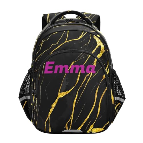 RPLIFE Mochila con nombre personalizado para niños y niñas de 3 a 8 años, mochila escolar primaria para niños, color negro y dorado, Chic Black Gold, S, Mochilas Tradicionales