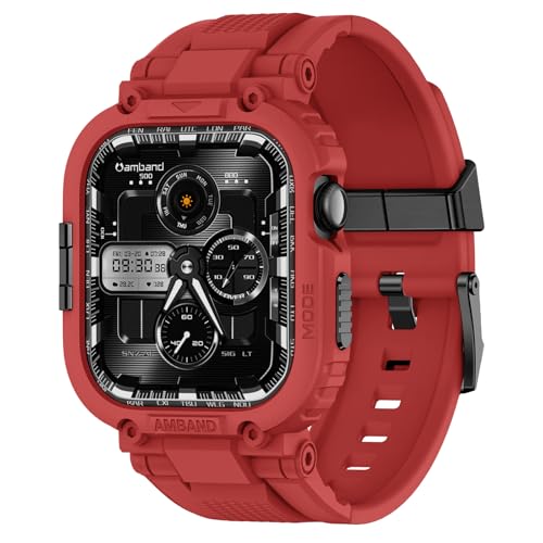 Image of amBand Compatible with Apple Watch Series 11 /10 42mm Bands Case for Men Women, M1 Sport Rugged Heavy Duty Protective Cover Tactical Strap Military Protector Bumper for iWatch Accessories - Mars Red