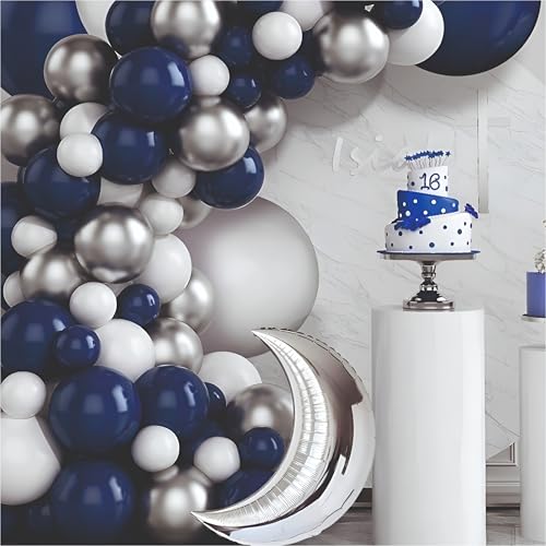 Image of Balloon Decoration Kit - 46 PCS White, Blue & Silver Balloons with Moon Foil Balloon for Birthday, Weddings, Anniversary & Events Garland Set | Birthday Decoration Items for Kids & Adults