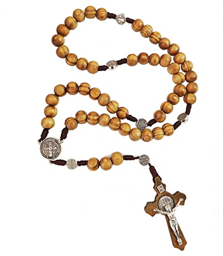 Damen Holzkettem,Halskette Mit katholischem Kreuz Rosenkranz aus Holz,Runde Perlen katholisches, Religiöser Holzperlen Schmuck Herren-Halskette Geschenk Jesus-Kreuz-Anhänger Cover