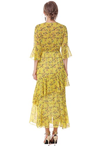 Xinuo Womens Dresses Yellow Floral Maxi Dress V Neck High Waist Chiffon Beach Summer Party Casual Long Dresses (Us 4-6=Cn S,Yellow) #TOP1