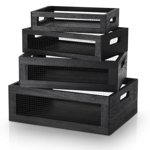 FillTouch 4 Pcs Wooden Nesting Countertop Baskets, Black, Small