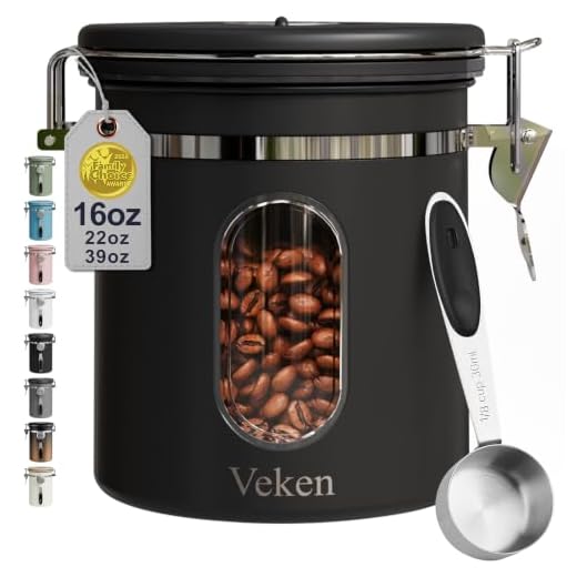 Veken Coffee Canister with Window, Airtight Stainless Steel Kitchen Food Storage Container with Lids, Date Tracker and Scoop for Grounds Coffee, Beans, Tea, Flour, Cereal, Sugar Jars, 16OZ, Black