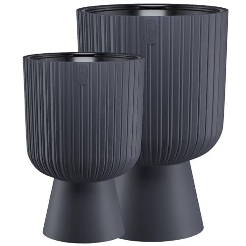 Blumentopf groß Set Ø 29 cm x 43 H und Ø 39 cm x 58 cm| Blumentöpfe mit geriffelter Struktur und stabilem Standfuß | Übertopf in moderner Optik | Blumentöpfe ideal für Innendekoration | Anthrazit