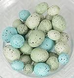Ten Waterloo Small Artificial Bird Eggs, 36 Pieces.75 to 1.25 Inches Long, Soft Blue and Green Speckled Eggs