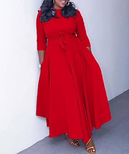 Image of SOMTHRON Women's Casual 3 /4 Sleeve Long Maxi Dress A-Line Flared Solid Wrap Tie Waist Swing Dresses