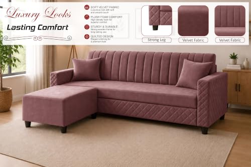 Image of 3 Seater Velvet Sofa with Ottoman | Modern Upholstered Couch | Quilted Design | Soft Comfortable Seating | Sturdy Wooden Frame | Living Room, Office - Rose Pink