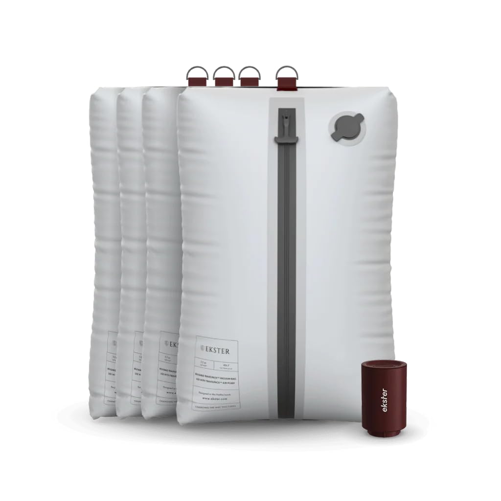 Ekster Vacuum Travel Kit - Odor & Waterproof Anti-Rip Nylon Compression Storage and Organization Travel Vacuum Bags with Pump,TSA-Ready,Wireless Vacuum Pump for 15+ Items,Backpacks & Suitcases-4 Pack