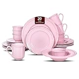 HomeVss 20pc Dinnerware Set, Plate and Bowl Set, Stoneware Dishes Set for 4, Microwave and Dishwahser Safe, Scratch Resistant, French Countryside Speckled Antique Pink