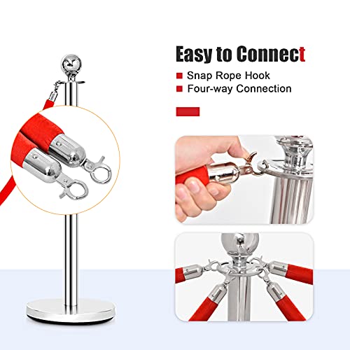Goplus 6Pcs Stainless Steel Stanchion Set, Stanchions And 5Ft Red Velvet Ropes, Round Top Polished Silver Stanchion Posts Queue Line Pole, Crowd Control Safety Barriers For Theaters, Museum, Party #TOP1