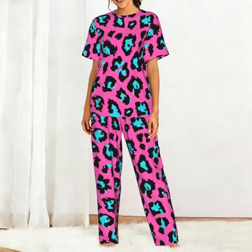 Pyjama imprimé léopard turquoise en maille douce haut de gamme - 3