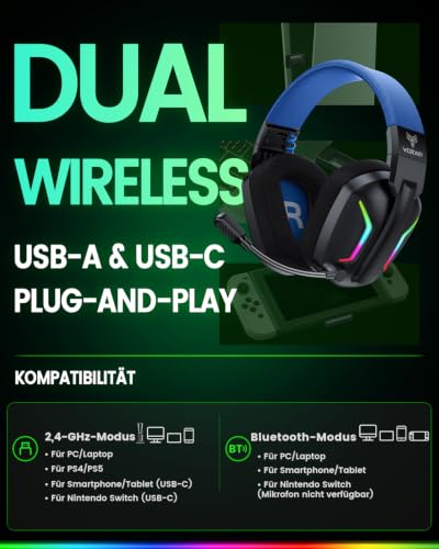 WESEARY Gaming Headset Wireless mit Mikrofon für PS5 PS4 PC Switch Handy – Ansicht 3