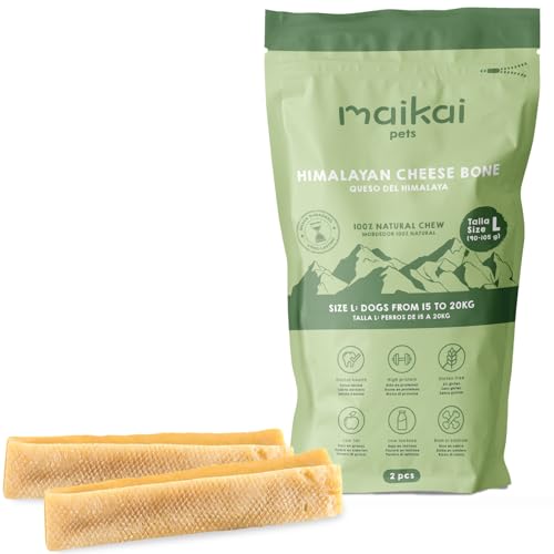 MAIKAI Pacote de 2 ossos para cães de queijo do Himalaia L – mordedor natural Churpi limpeza dentária anti-stress contra o mau hálito – Snack 100% natural ideal raças 15-20 kg - presente cão Natal