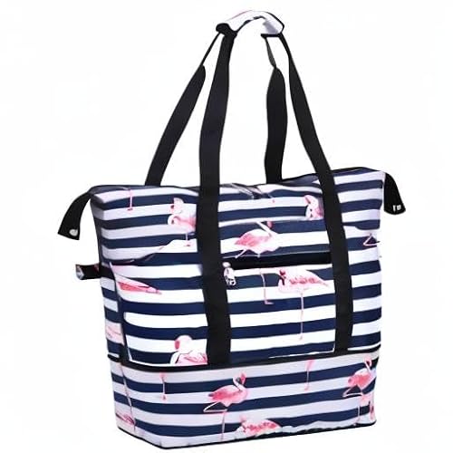 HAWEE Expandable Duffel Bag for Women with Trolley Sleeve and Wet Pocket Water Repellent Weekender Travel Tote Large Capacity Carry On Overnight Luggage, Flamingo Stripe