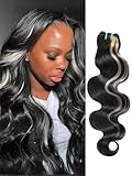 AUROO Platinum Blonde Highlight Black Mix Color Body Wave Human Hair, 100% Brazilian Thick Track Bundles #F1B/613 Ombre Skunk Stripe Balayage Colored Single Bundles Quick Weave Remy 12 In